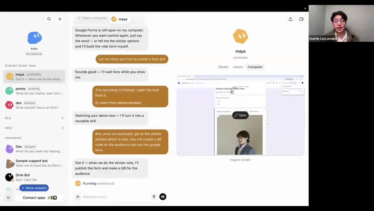 Google Form 생성을 시연 학습하는 마야(Maya) 봇의 화면